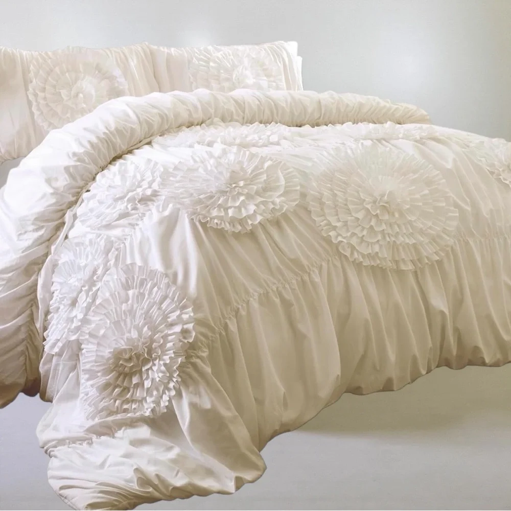 NEW Anthro Ivory Beige 3D Floral Queen / King Boho Comforter Bedding & Sham Set